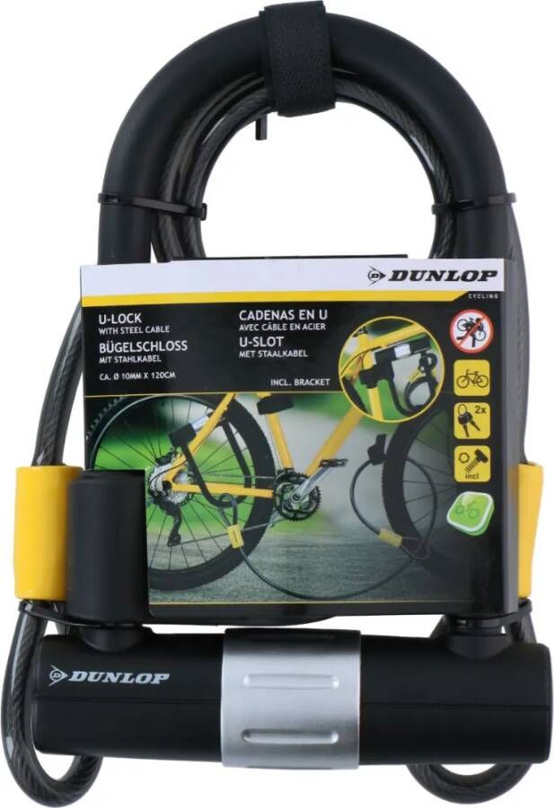Dunlop Fietsslot Beugelslot En Insteekslot/Kabelslot Staalkabel Met 2 Lussen 120cm Ø10mm Met 2 Sleutels